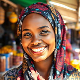 A smiling African woman wearing a beautifully patterned hijab, exuding warmth and happiness