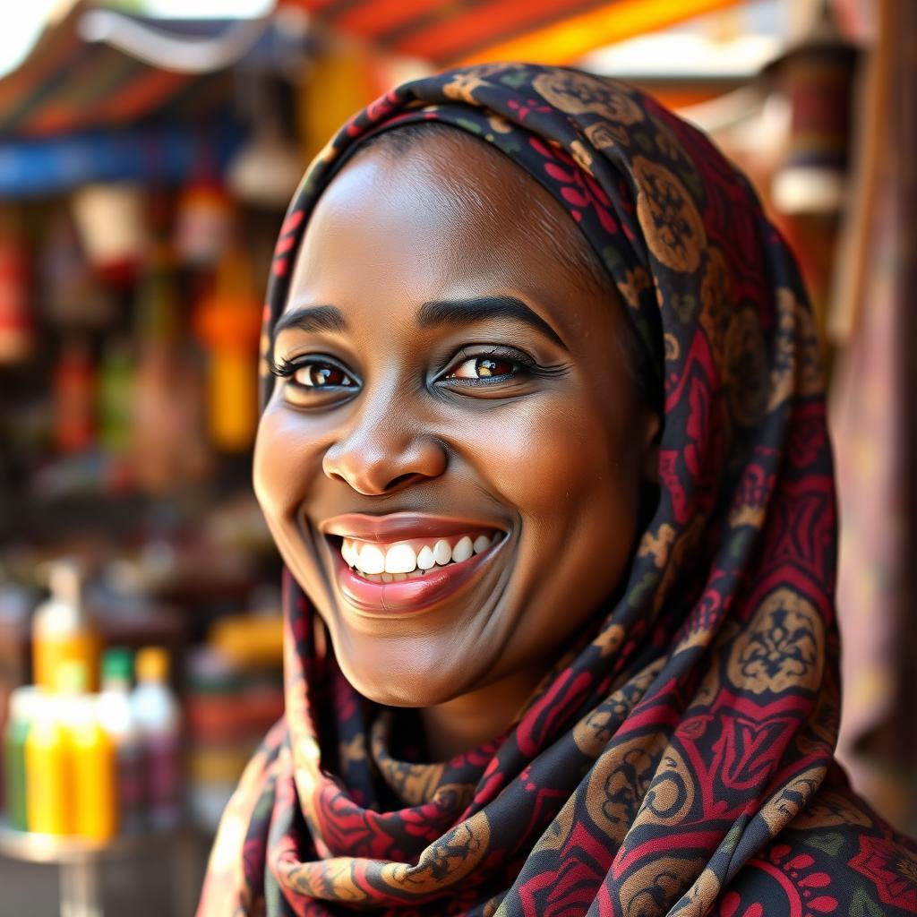 A smiling African woman wearing a beautifully patterned hijab, exuding warmth and happiness