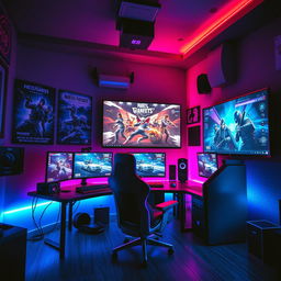 A vibrant and dynamic scene depicting a futuristic gamer setup