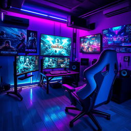 A vibrant and dynamic scene depicting a futuristic gamer setup