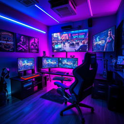 A vibrant and dynamic scene depicting a futuristic gamer setup