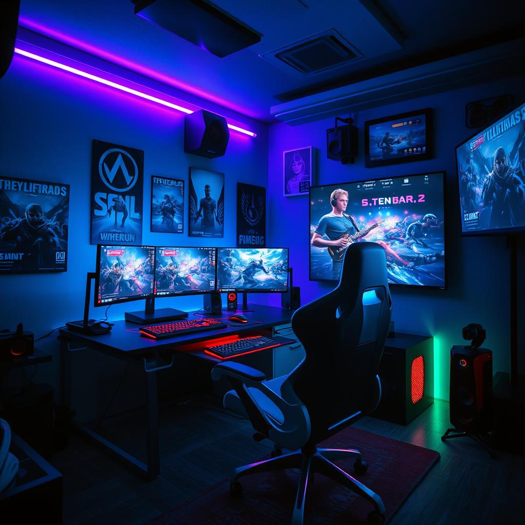A vibrant and dynamic scene depicting a futuristic gamer setup