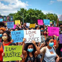 A vibrant scene of youthful protesters passionately holding colorful signs with slogans demanding justice