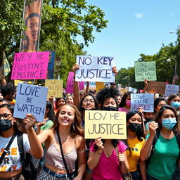 A vibrant scene of youthful protesters passionately holding colorful signs with slogans demanding justice