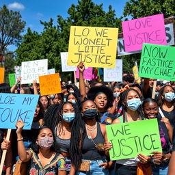 A vibrant scene of youthful protesters passionately holding colorful signs with slogans demanding justice