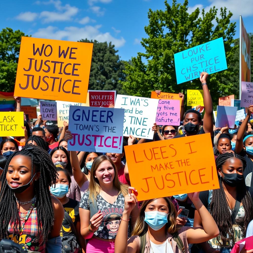 A vibrant scene of youthful protesters passionately holding colorful signs with slogans demanding justice