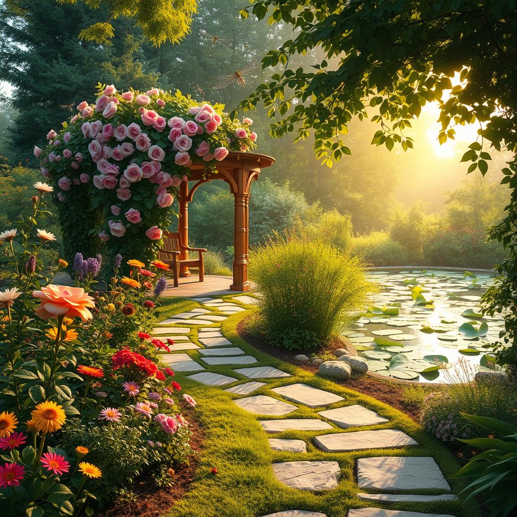 An enchanting garden filled with vibrant flowers and lush greenery, illuminated by soft golden sunlight