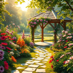 An enchanting garden filled with vibrant flowers and lush greenery, illuminated by soft golden sunlight