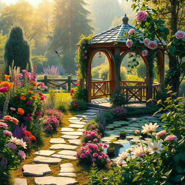 An enchanting garden filled with vibrant flowers and lush greenery, illuminated by soft golden sunlight