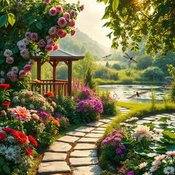 An enchanting garden filled with vibrant flowers and lush greenery, illuminated by soft golden sunlight