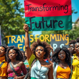 A vibrant scene of young African female protesters passionately displaying colorful banners that read 'Transforming Futures'