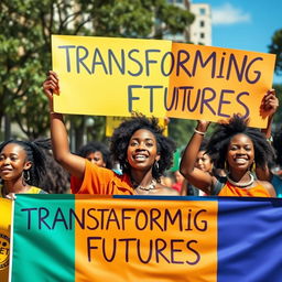A vibrant scene of young African female protesters passionately displaying colorful banners that read 'Transforming Futures'