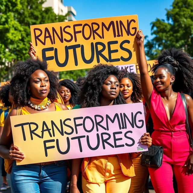 A vibrant scene of young African female protesters passionately displaying colorful banners that read 'Transforming Futures'