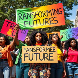 A vibrant scene of young African female protesters passionately displaying colorful banners that read 'Transforming Futures'