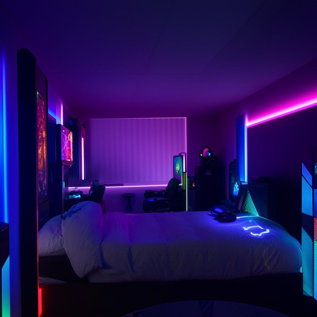 A modern gaming room filled with ambient lighting, featuring a comfortable bed and a PlayStation 5 gaming setup