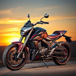 A stunningly designed motorcycle, showcasing elegant curves and a sleek silhouette, adorned with intricate details and vibrant color schemes