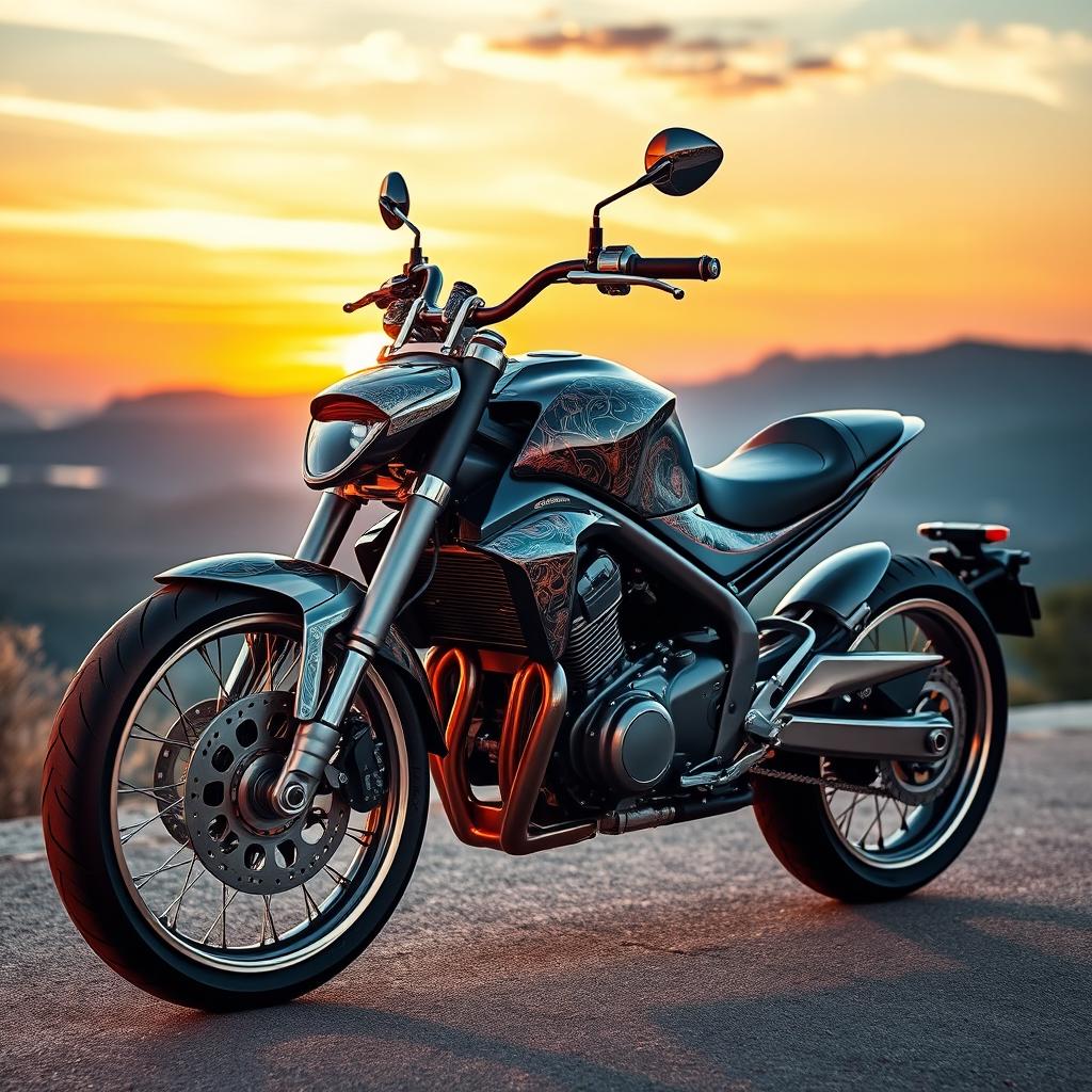 A stunningly designed motorcycle, showcasing elegant curves and a sleek silhouette, adorned with intricate details and vibrant color schemes