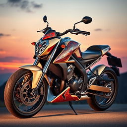 A stunningly designed motorcycle, showcasing elegant curves and a sleek silhouette, adorned with intricate details and vibrant color schemes