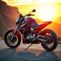 A stunningly designed motorcycle, showcasing elegant curves and a sleek silhouette, adorned with intricate details and vibrant color schemes