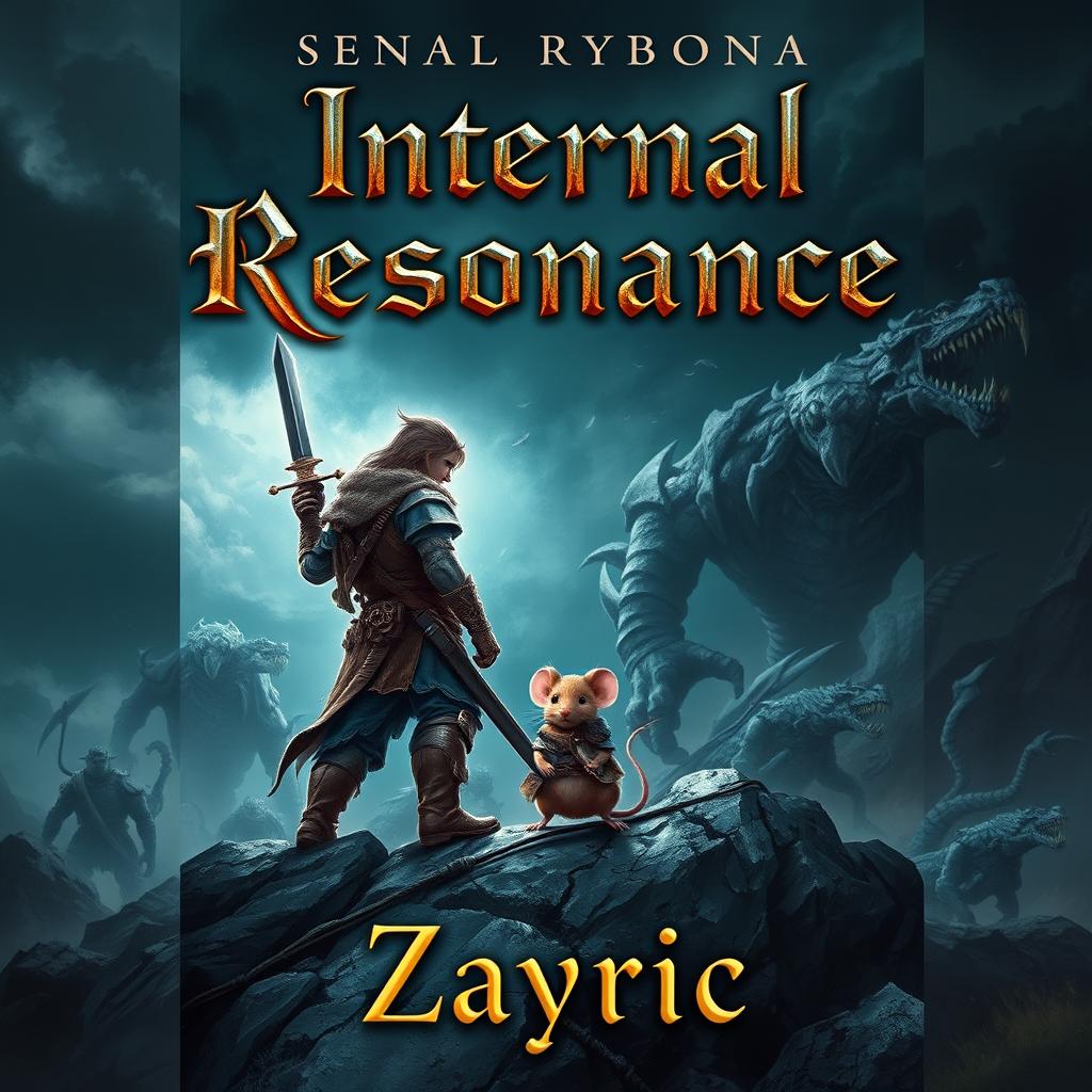 A captivating dark fantasy book cover featuring a brave adventurer equipped with a sword and rugged armor, standing next to his loyal mouse ally, who is adorned with tiny battle gear