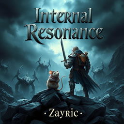 A captivating dark fantasy book cover featuring a brave adventurer equipped with a sword and rugged armor, standing next to his loyal mouse ally, who is adorned with tiny battle gear