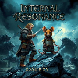 A captivating dark fantasy book cover featuring a brave adventurer equipped with a sword and rugged armor, standing next to his loyal mouse ally, who is adorned with tiny battle gear