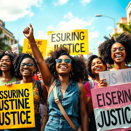 A vibrant scene depicting a group of young African female protesters energetically rallying for justice
