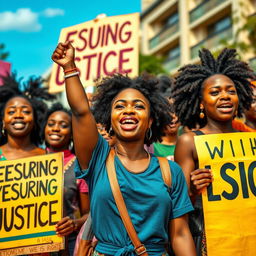 A vibrant scene depicting a group of young African female protesters energetically rallying for justice