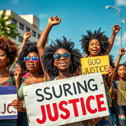 A vibrant scene depicting a group of young African female protesters energetically rallying for justice