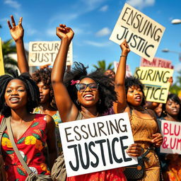 A vibrant scene depicting a group of young African female protesters energetically rallying for justice