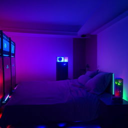 A modern gaming room filled with ambient lighting, featuring a comfortable bed and a PlayStation 5 gaming setup