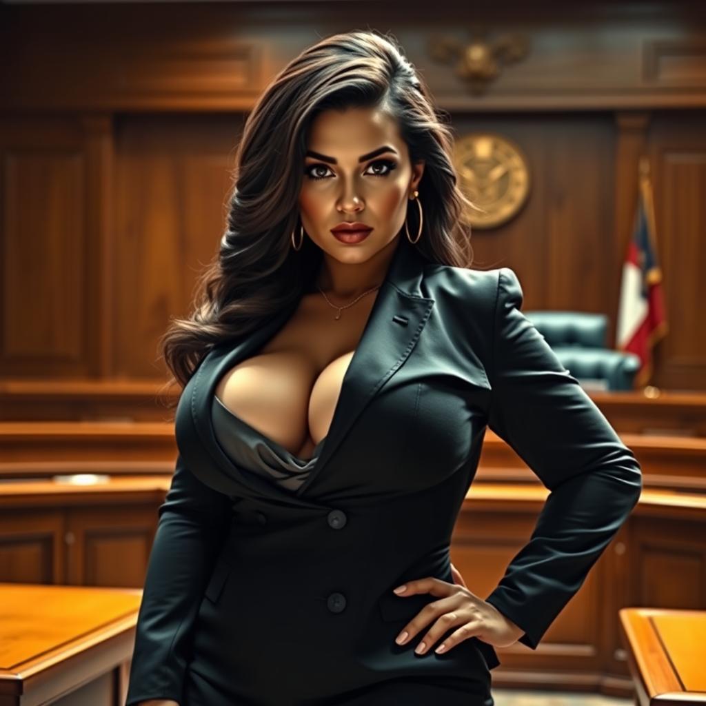 A curvy, attractive woman with large breasts wearing a sexy, form-fitting, closed business suit, standing confidently in a courtroom