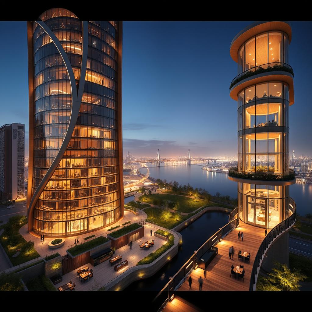 A modern skyscraper with flowing, curvy lines stands majestically beside a river