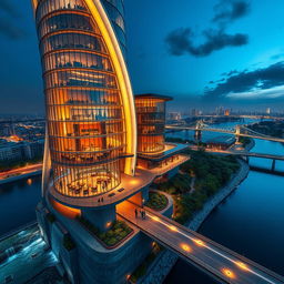 A modern skyscraper with flowing, curvy lines stands majestically beside a river