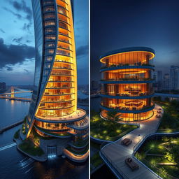 A modern skyscraper with flowing, curvy lines stands majestically beside a river