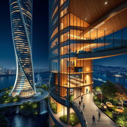 A modern skyscraper with flowing, curvy lines stands majestically beside a river