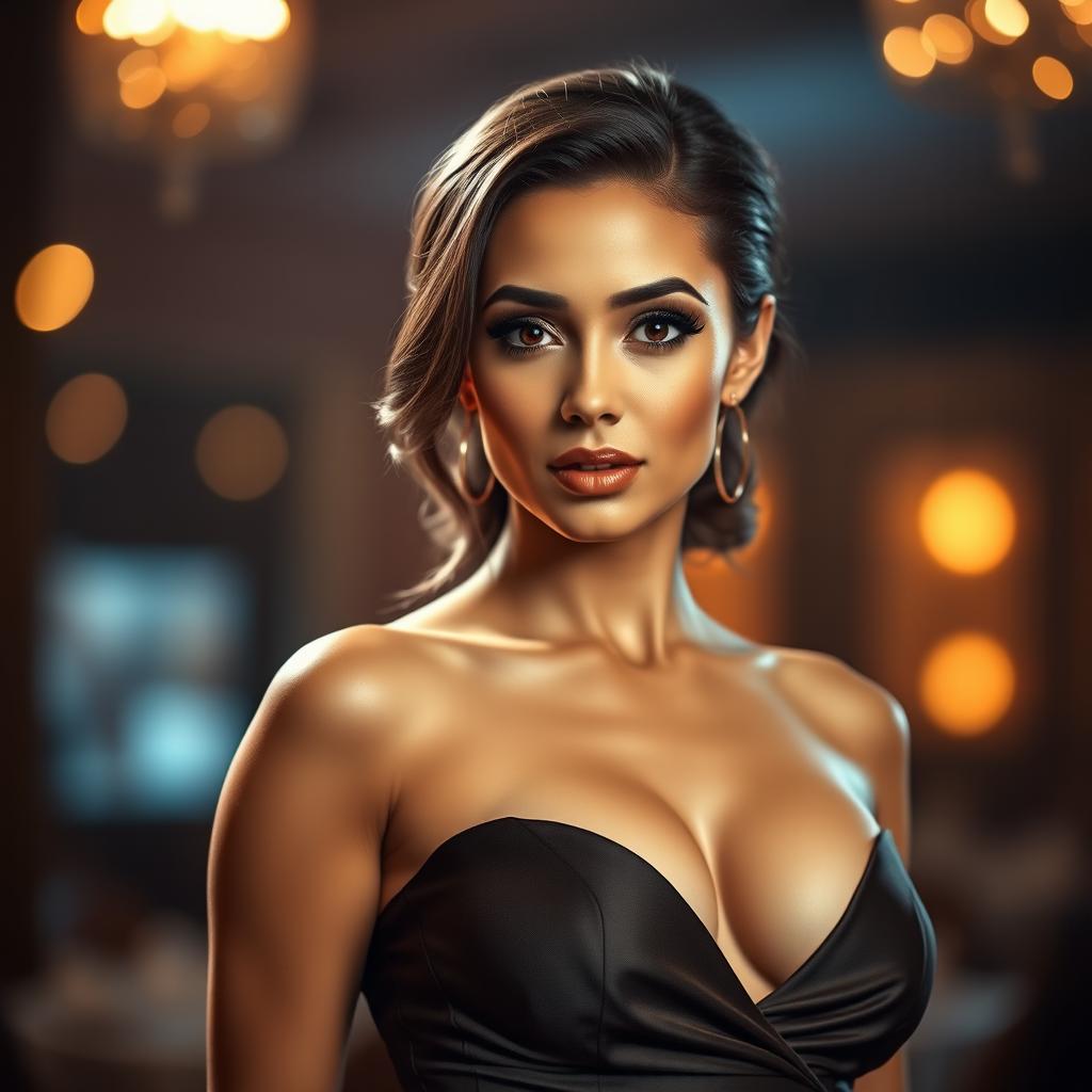A stunning portrait of a confident woman displaying alluring cleavage, captured in a glamorous setting