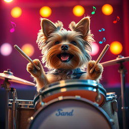 A cute Yorkshire Terrier energetically playing a set of drums, complete with drumsticks in its paws, surrounded by colorful musical notes floating in the air
