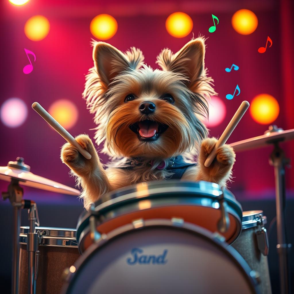 A cute Yorkshire Terrier energetically playing a set of drums, complete with drumsticks in its paws, surrounded by colorful musical notes floating in the air