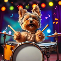 A cute Yorkshire Terrier energetically playing a set of drums, complete with drumsticks in its paws, surrounded by colorful musical notes floating in the air