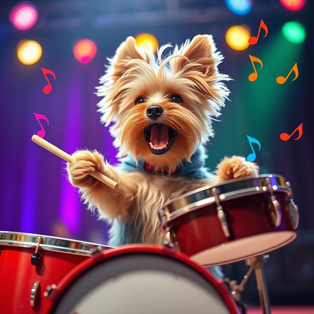 A cute Yorkshire Terrier energetically playing a set of drums, complete with drumsticks in its paws, surrounded by colorful musical notes floating in the air