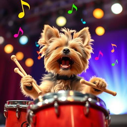 A cute Yorkshire Terrier energetically playing a set of drums, complete with drumsticks in its paws, surrounded by colorful musical notes floating in the air