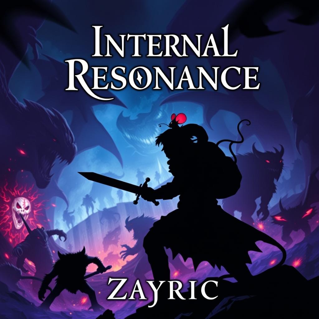 A dark fantasy book cover featuring the silhouette of an adventurer and his mouse ally engaged in an epic battle against monstrous creatures