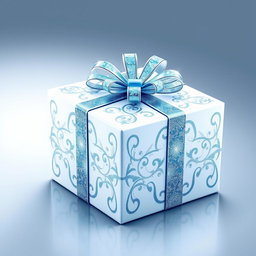 A captivating 3D icon of an elegant white and blue present box, adorned with intricate patterns and shimmering silver effects that create a striking sense of depth and dimension