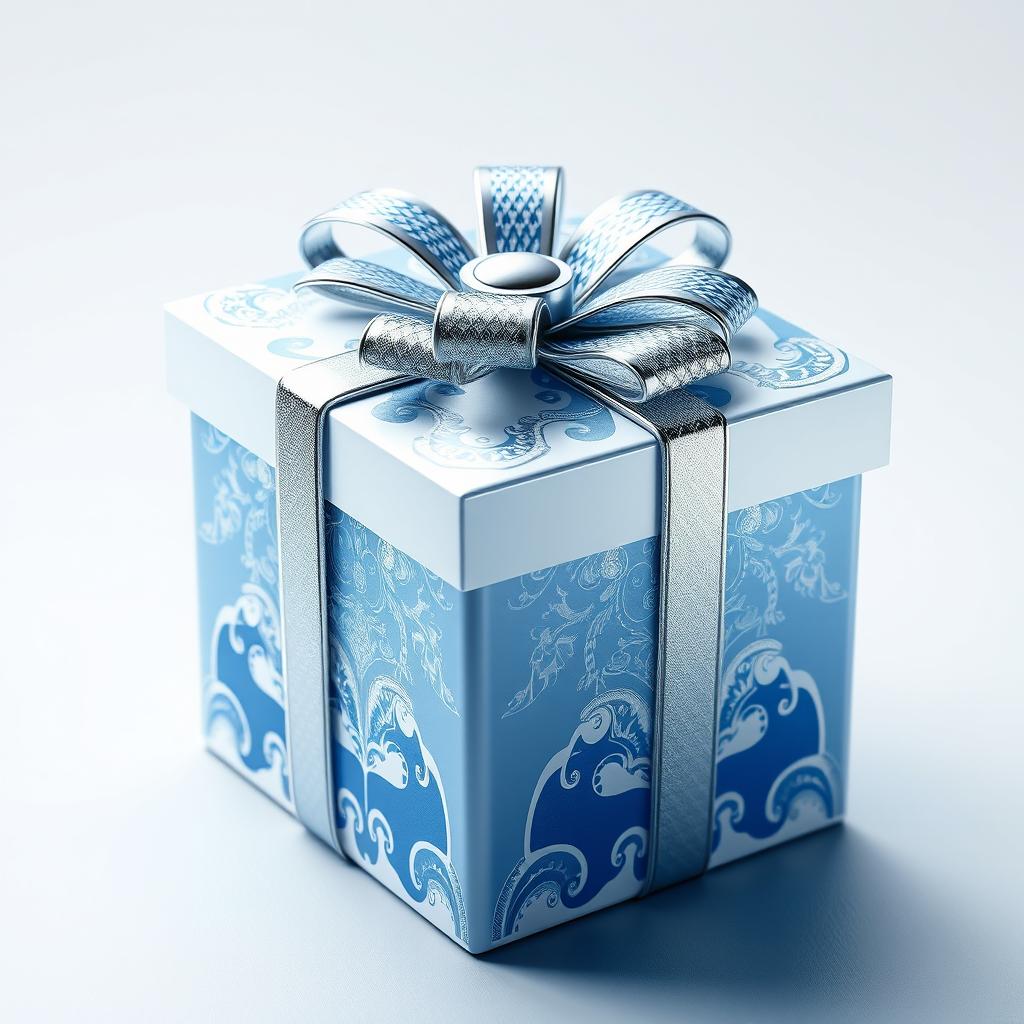 A captivating 3D icon of an elegant white and blue present box, adorned with intricate patterns and shimmering silver effects that create a striking sense of depth and dimension