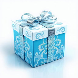 A captivating 3D icon of an elegant white and blue present box, adorned with intricate patterns and shimmering silver effects that create a striking sense of depth and dimension