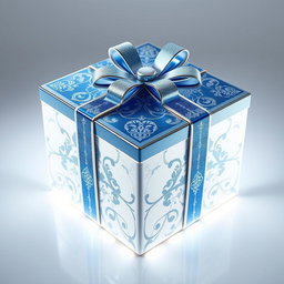 A captivating 3D icon of an elegant white and blue present box, adorned with intricate patterns and shimmering silver effects that create a striking sense of depth and dimension
