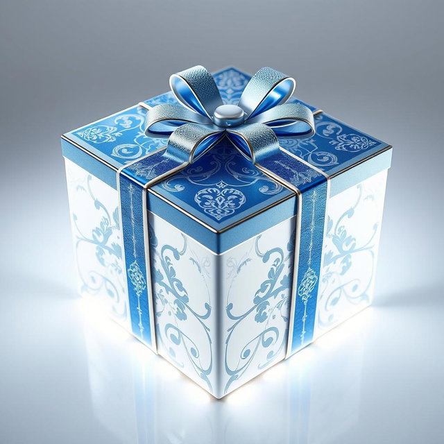 A captivating 3D icon of an elegant white and blue present box, adorned with intricate patterns and shimmering silver effects that create a striking sense of depth and dimension