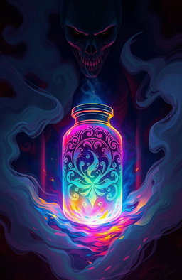 A striking and vibrant artwork depicting a forbidden substance, inspired by the themes of temptation and allure, showcasing a mysterious container surrounded by swirling mist and colorful light