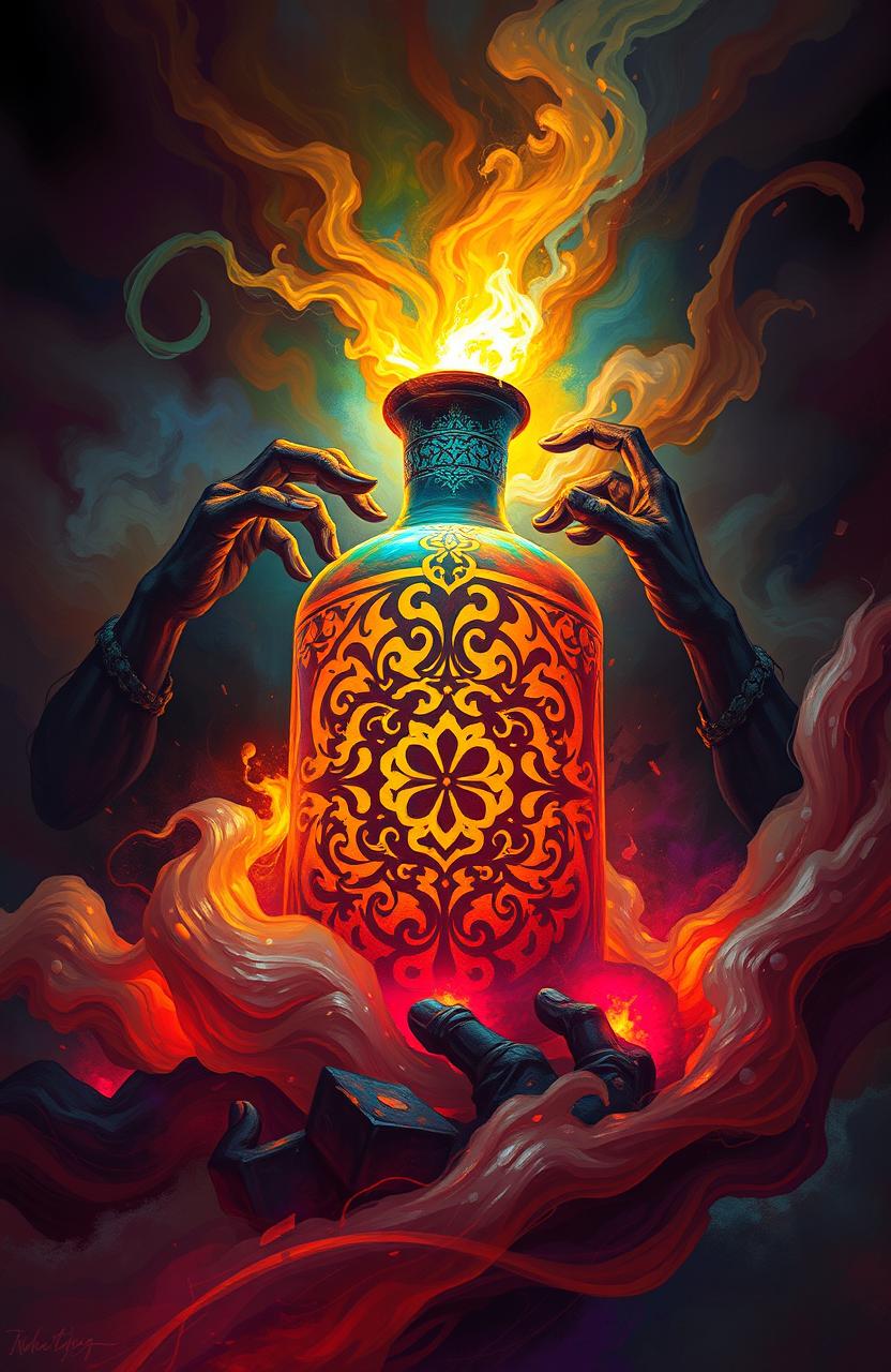 A striking and vibrant artwork depicting a forbidden substance, inspired by the themes of temptation and allure, showcasing a mysterious container surrounded by swirling mist and colorful light